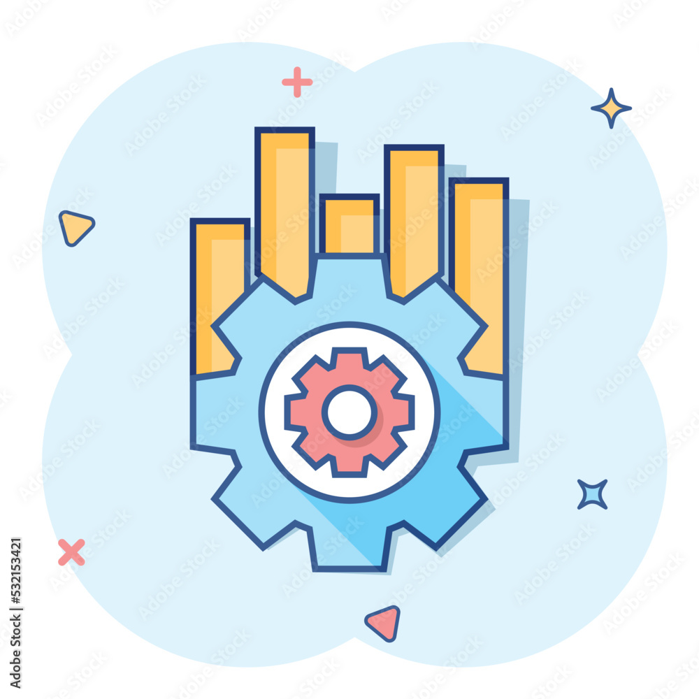 Operation project icon in comic style. Gear process vector cartoon illustration on white isolated background. Technology produce business concept splash effect. Operation project icon in comic style. Gear process vector cartoon illustration on white isolated background. Technology produce business concept splash effect.