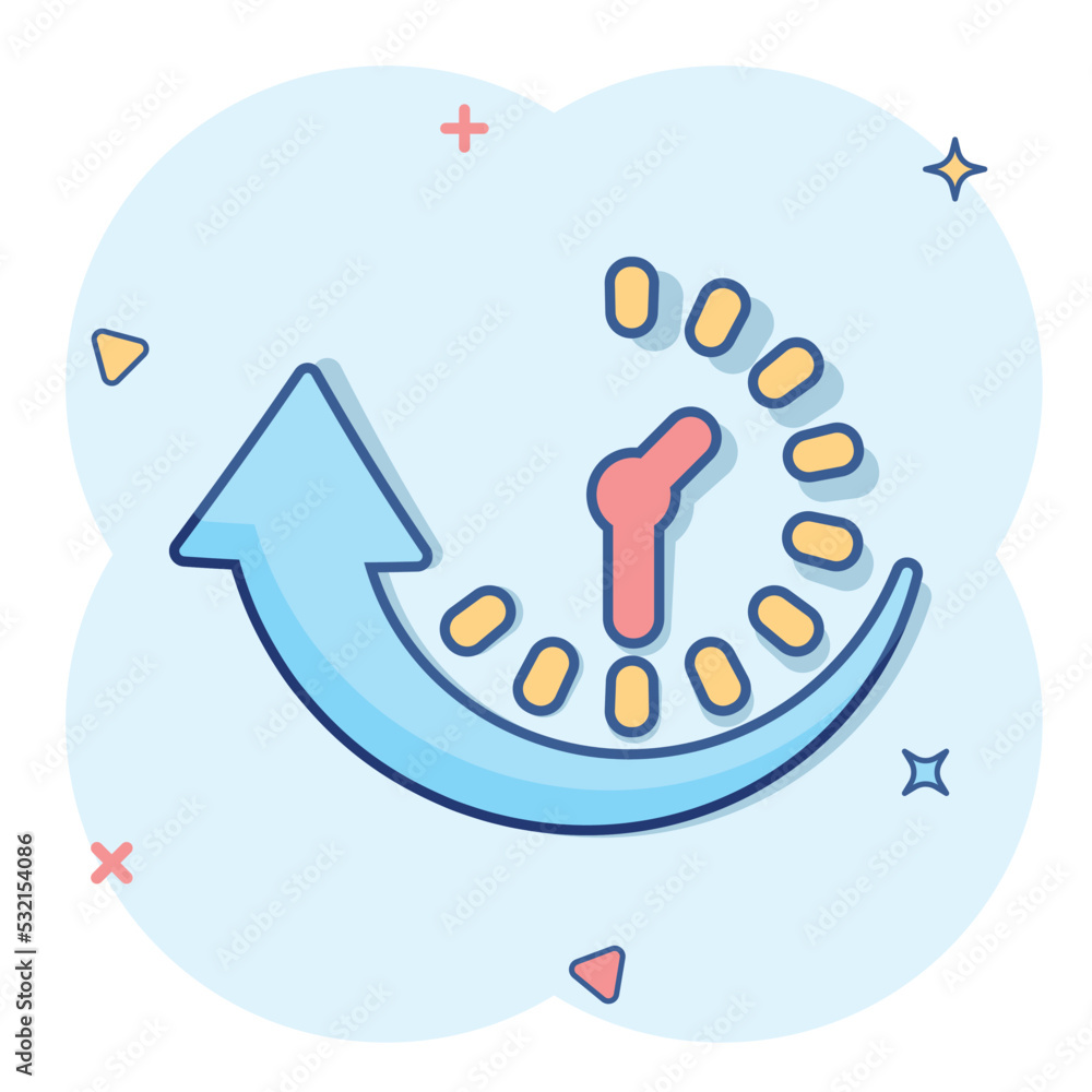 Obraz premium Downtime icon in comic style. Uptime vector cartoon illustration on white isolated background. Clock business concept splash effect.