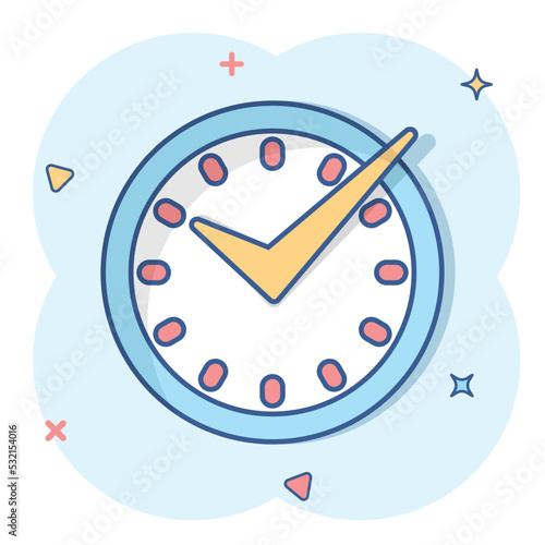 Real time icon in comic style. Clock vector cartoon illustration on white isolated background. Watch business concept splash effect.