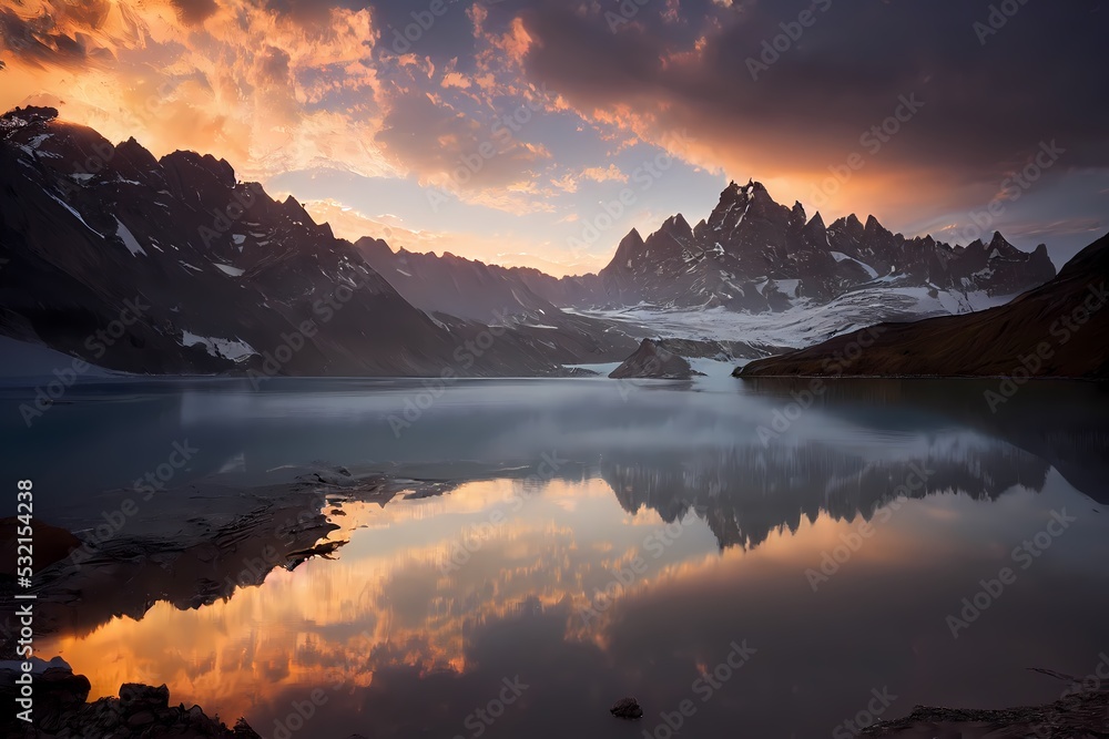 beautiful landscape of glacial mountains lakes, forests and flowers with rocks