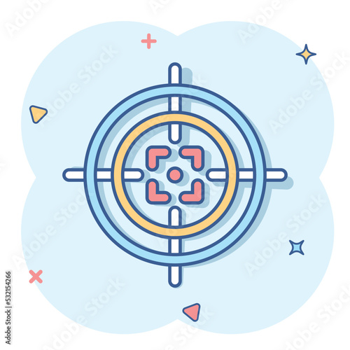 Shooting target vector icon in comic style. Aim sniper symbol cartoon illustration on white background. Target aim business concept splash effect.