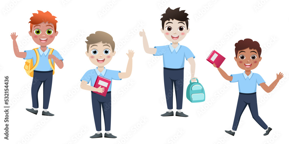 back to school and children education concept vector background. Happy schoolchildren with books and backpacks. Cute smiling kids in cartoon style. School uniform. Elementary education. School time back to school and children education concept vector background. Happy schoolchildren with books and backpacks. Cute smiling kids in cartoon style. School uniform. Elementary education. School time