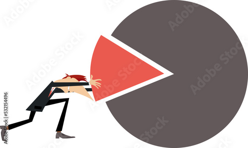 Usiness person last piece of market share pie chart. 
A businessman pushing a last piece into place to make a market share pie chart of success. Isolated on white
