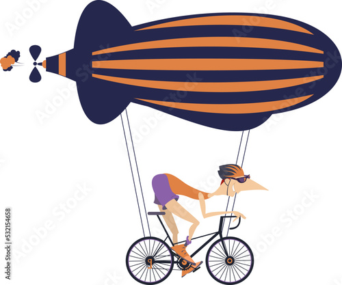 Cycling man flying on the airship.
Funny man on the cycle flying on the airship. Isolated on white
