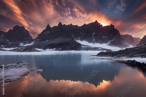 beautiful landscape of glacial mountains lakes, forests and flowers with rocks