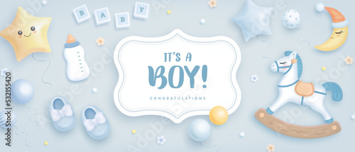 Baby shower horizontal banner with cartoon toys, helium balloons and flowers on blue background. It's a boy. Vector illustration
