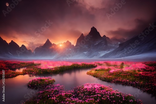 beautiful landscape of glacial mountains lakes, forests and flowers with rocks