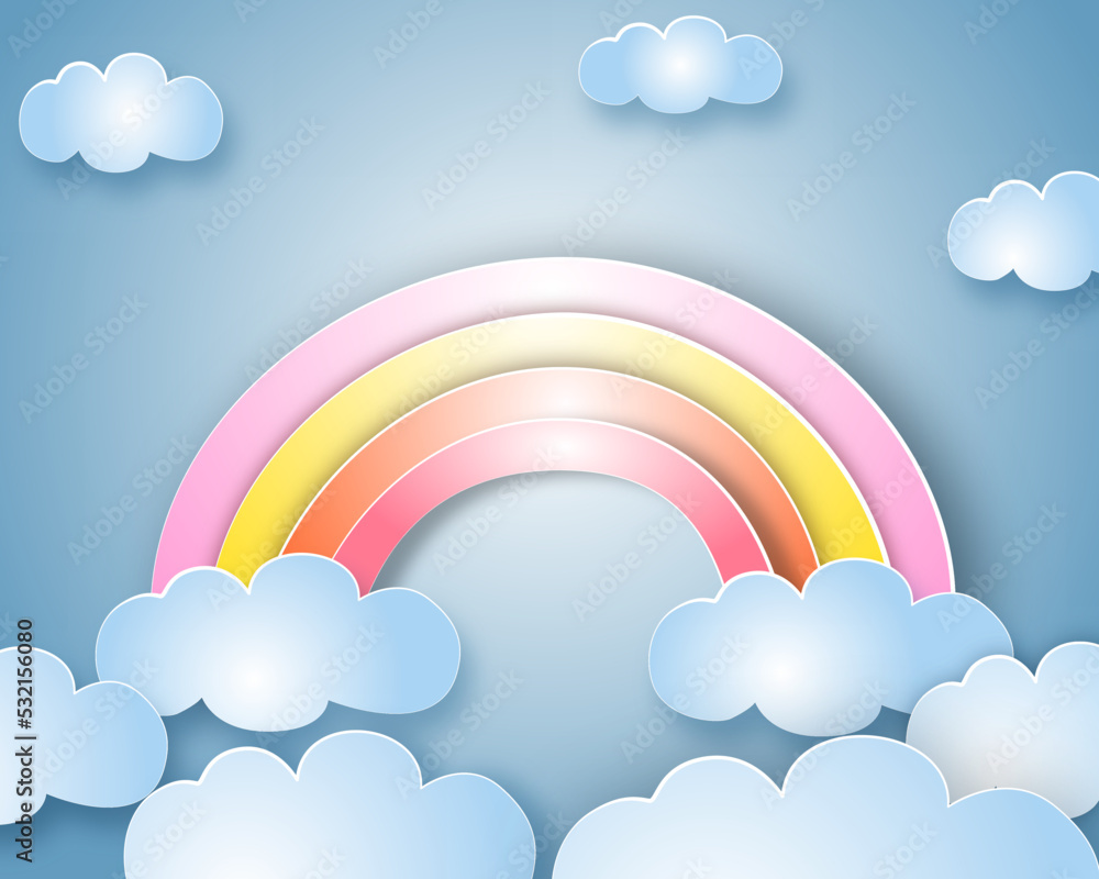 Rainbow and cloud  vector with paper-cut technique on a pink background