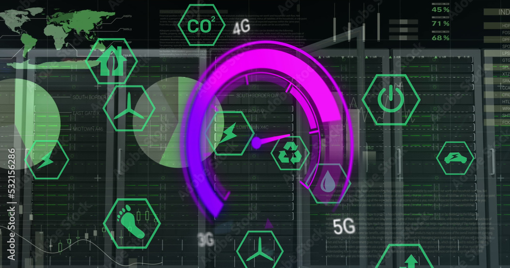 Obraz premium Image of data processing and server room over speedometer