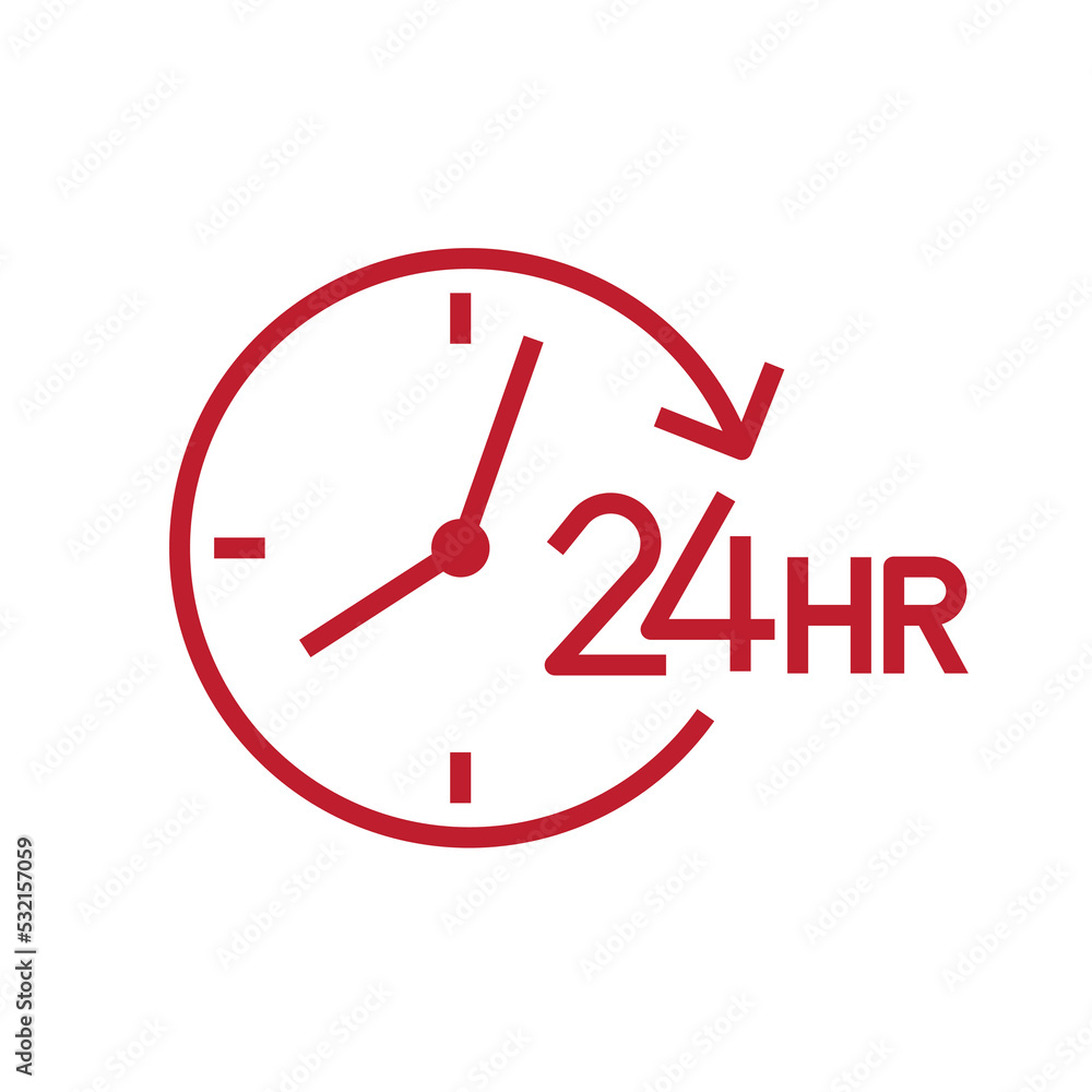 24 hours with clock icon, Opened order execution or delivery, All day business and service sign, Vector illustration 24 hours with clock icon, Opened order execution or delivery, All day business and service sign, Vector illustration
