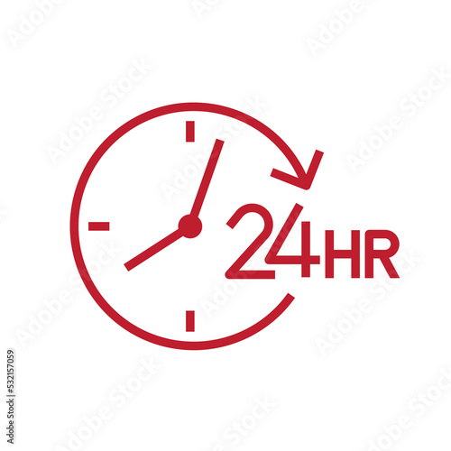 24 hours with clock icon, Opened order execution or delivery, All day business and service sign, Vector illustration