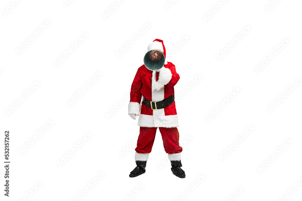 Portrait of senior man in image of Santa Claus looking in tube isolated over white background Portrait of senior man in image of Santa Claus looking in tube isolated over white background