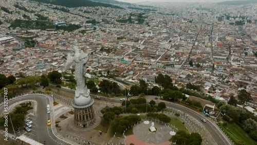 Aerial View Of Virgin Of Quito, Aluminum Statue Of Virgin Mary On A Hilltop In Ecuador.