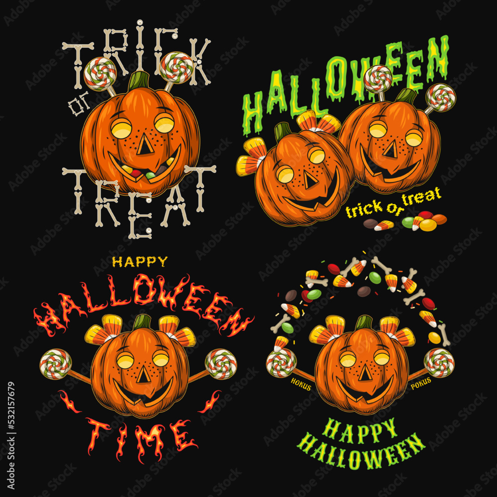 Set of 4 emblems with pumpkins like little kids, sweets, bones, text happy halloween, trick or treat. Halloween colorful funny labels in vintage style Set of 4 emblems with pumpkins like little kids, sweets, bones, text happy halloween, trick or treat. Halloween colorful funny labels in vintage style