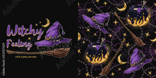 Set of halloween pattern, label with witch purple hat with cobwebby veil, old fashioned broom, gold crescent, stars, text, cauldron with potion on fire. Symbols of witchcraft. Vintage style.