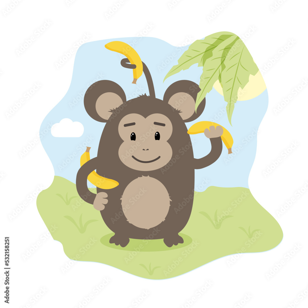 Naklejka premium seth monkey with bananas funny round illustration for kids greeting card print