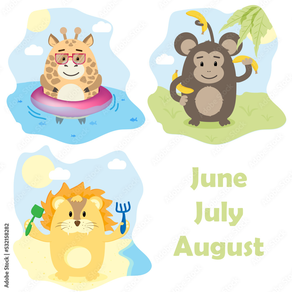 set cute animals giraffe monkey lion summer of the month summer on the beach in an inflatable circle summer games illustrations for children postcard print set cute animals giraffe monkey lion summer of the month summer on the beach in an inflatable circle summer games illustrations for children postcard print