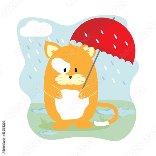 seth round cat with umbrella red raindrops illustrations for children postcard print