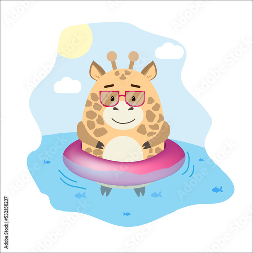 seth round giraffe in the sea on an inflatable circle summer illustrations for children postcard print