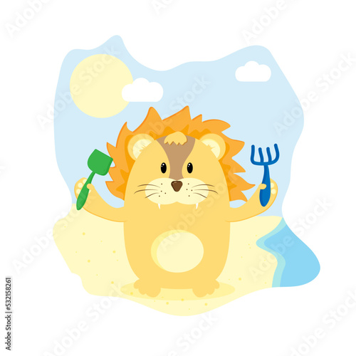 seth the lion with a shovel and a rake on the beach illustrations for children postcard print