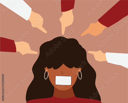 People surround an African American woman and point fingers on her. Black girl with closed mouth gets bullied by classmates. Stop bullying, discrimination, accusation, abuse, victim blaming concept.
