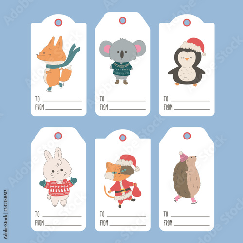 Set of Christmas tags and labels with cute animals.Christmas tags for gifts with fox,penguin,hedgehog,cat,koala