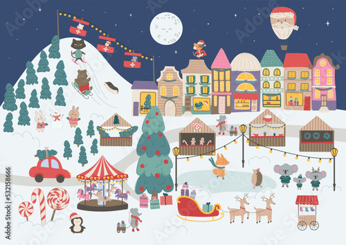 Vector illustration of a fabulous night Christmas town. Christmas market in town square, street markets, ski resort and cute animals with winter activities.