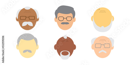 Cartoon face old man vector icon, avatar people, character head , senior person different. Profile grandfather isolated on white background. Glasses, bald head, mustache and beard. Human illustration