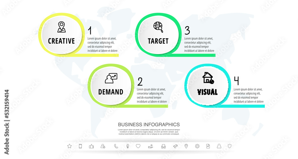 Modern infographics vector template. Business data visualization. White process chart. Simple design with four circles, steps, options, parts or processes. Modern infographics vector template. Business data visualization. White process chart. Simple design with four circles, steps, options, parts or processes.