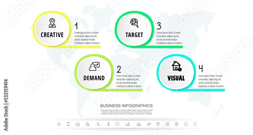 Modern infographics vector template. Business data visualization. White process chart. Simple design with four circles, steps, options, parts or processes.