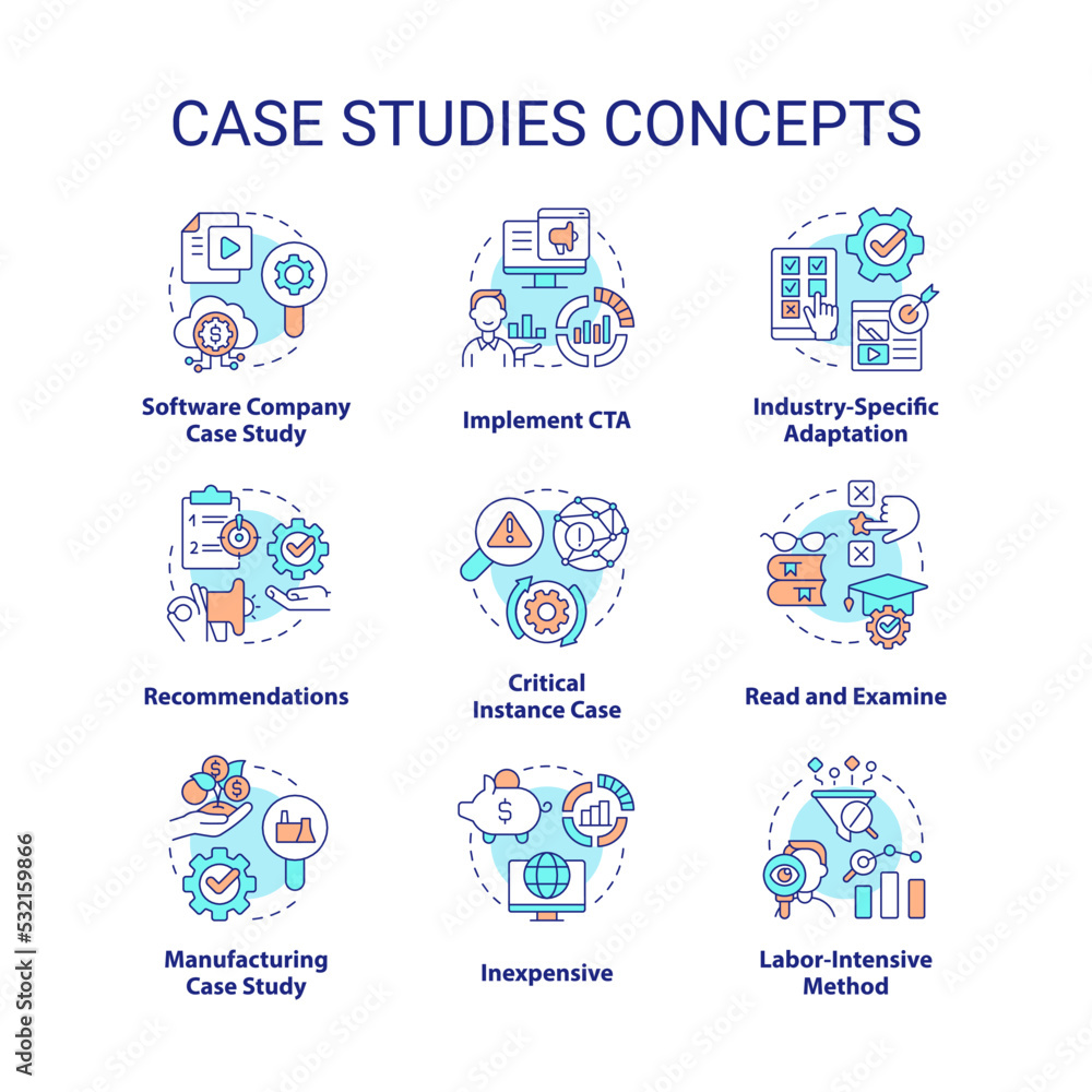 Case studies concept icons set. Examination of important events. Researching process idea thin line color illustrations. Isolated symbols. Editable stroke. Roboto-Medium, Myriad Pro-Bold fonts used