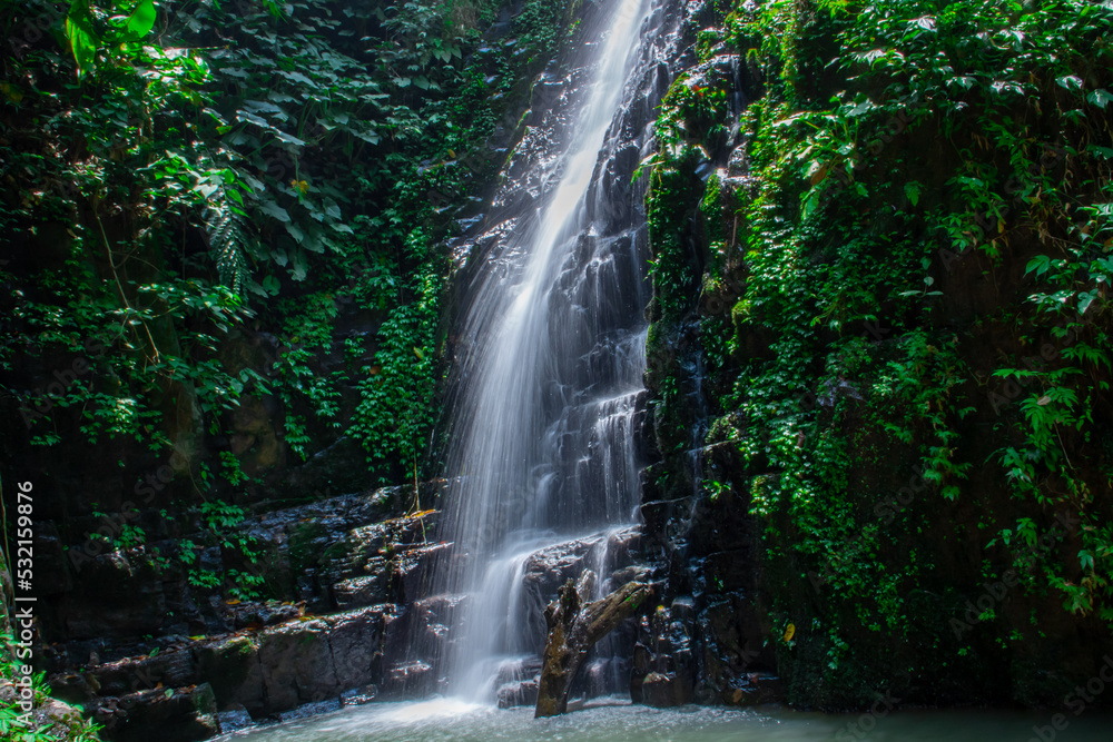 A waterfall in the middle of a forest with a stone wall around it A waterfall in the middle of a forest with a stone wall around it