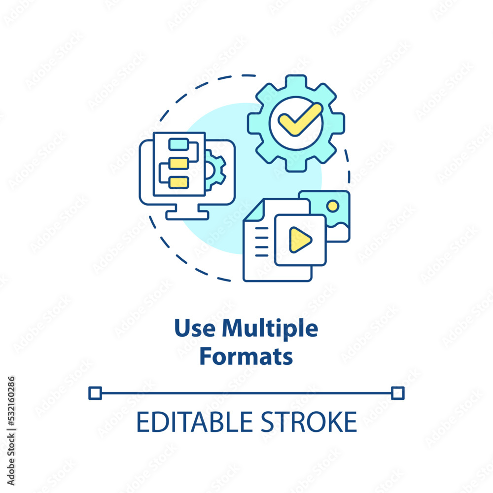 Use multiple formats concept icon. Content making. Element of case study abstract idea thin line illustration. Isolated outline drawing. Editable stroke. Arial, Myriad Pro-Bold fonts used