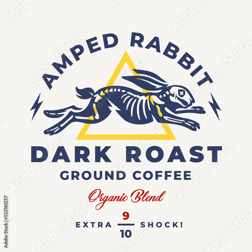Creative organic coffee label design. Rabbit skeleton caffeine energy shock logo. Craft roast coffee package design element. Electric hare bones icon. Vector illustration.