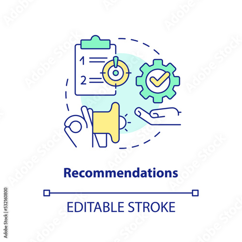 Recommendations concept icon. Learn possible solutions. Case drafting abstract idea thin line illustration. Isolated outline drawing. Editable stroke. Arial, Myriad Pro-Bold fonts used