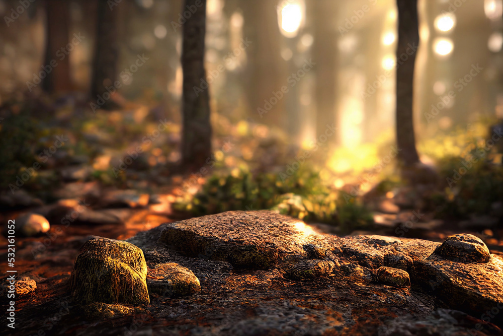 Obraz premium Computer generated illustration of a forest floor in spring with tree trunks in the background, moss and rocks and amber spring sunlight shining through. A.I. generated art.