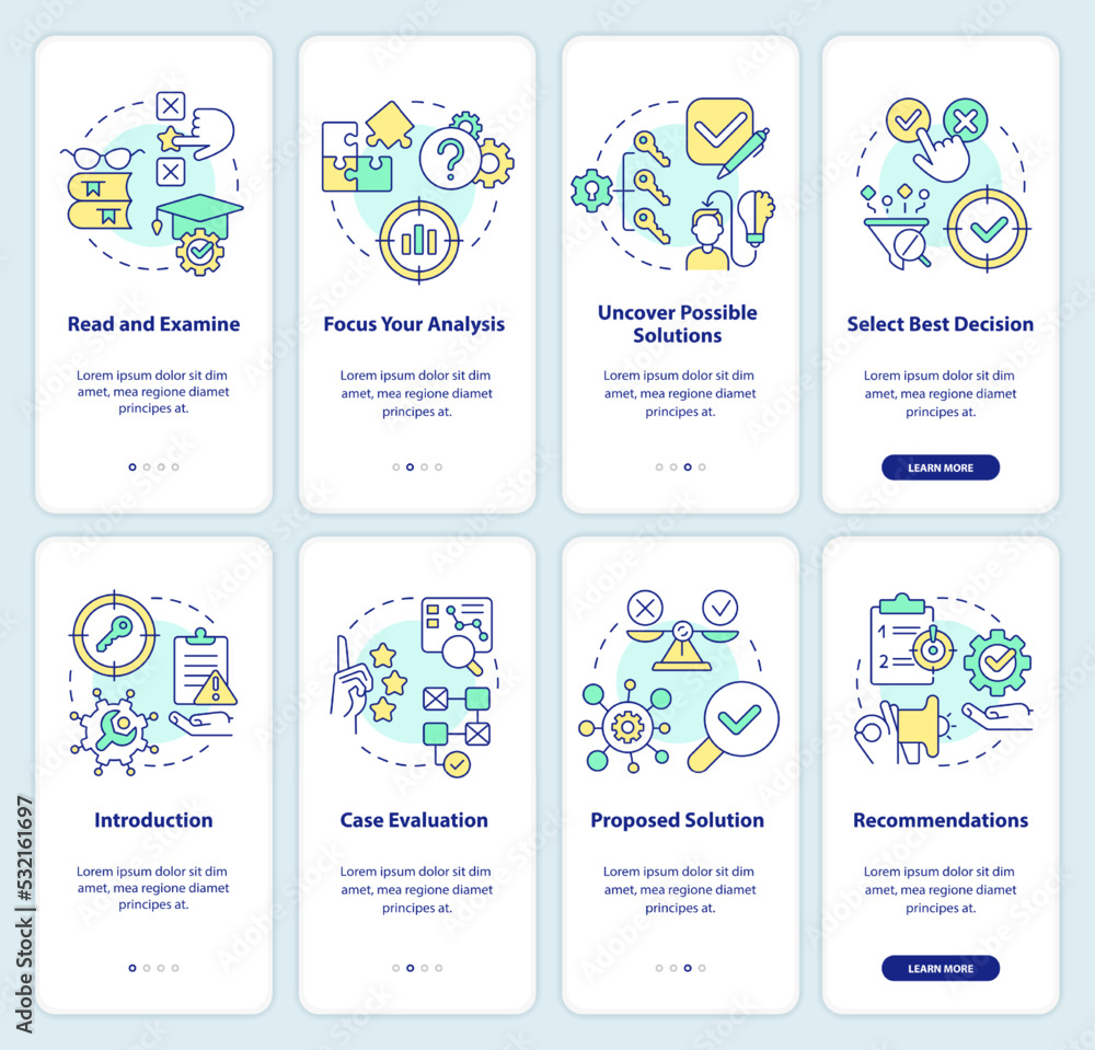 Structure of case study and drafting onboarding mobile app screen set. Walkthrough 4 steps editable graphic instructions with linear concepts. UI, UX, GUI template. Myriad Pro-Bold, Regular fonts used