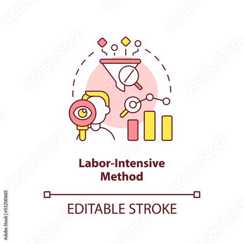 Labor intensive method concept icon. High working load. Disadvantage of case study abstract idea thin line illustration. Isolated outline drawing. Editable stroke. Arial, Myriad Pro-Bold fonts used