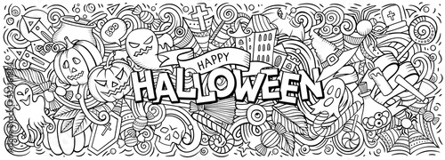 Happy Halloween hand drawn cartoon doodles illustration.