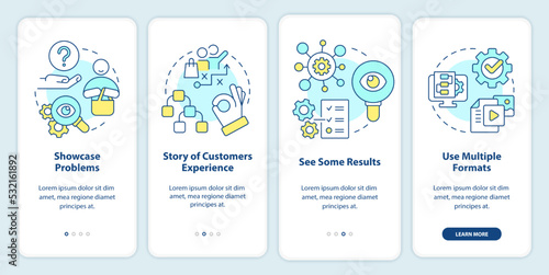 Elements of case study onboarding mobile app screen. Structure walkthrough 4 steps editable graphic instructions with linear concepts. UI, UX, GUI template. Myriad Pro-Bold, Regular fonts used