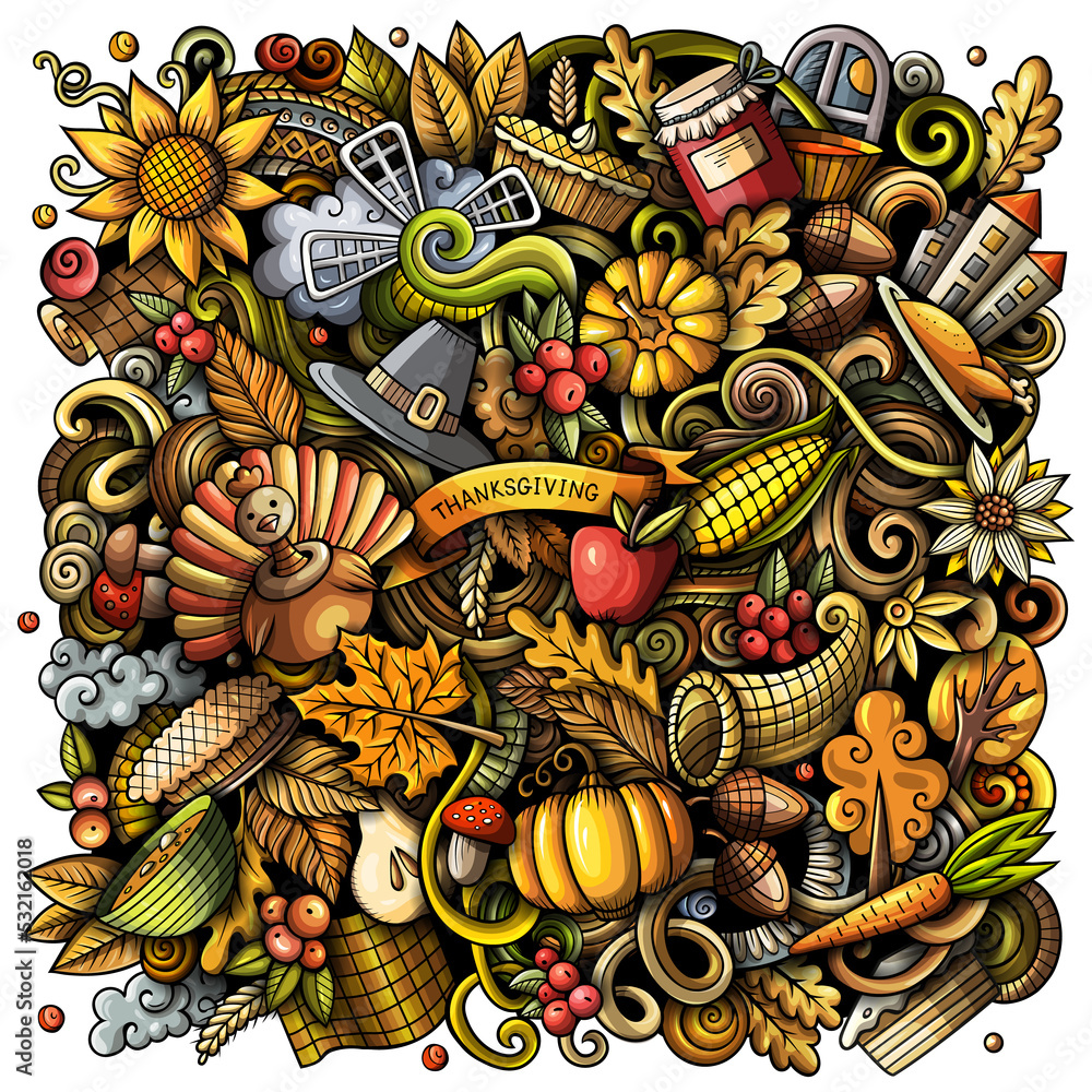 Cartoon digital doodles Happy Thanksgiving Day illustration