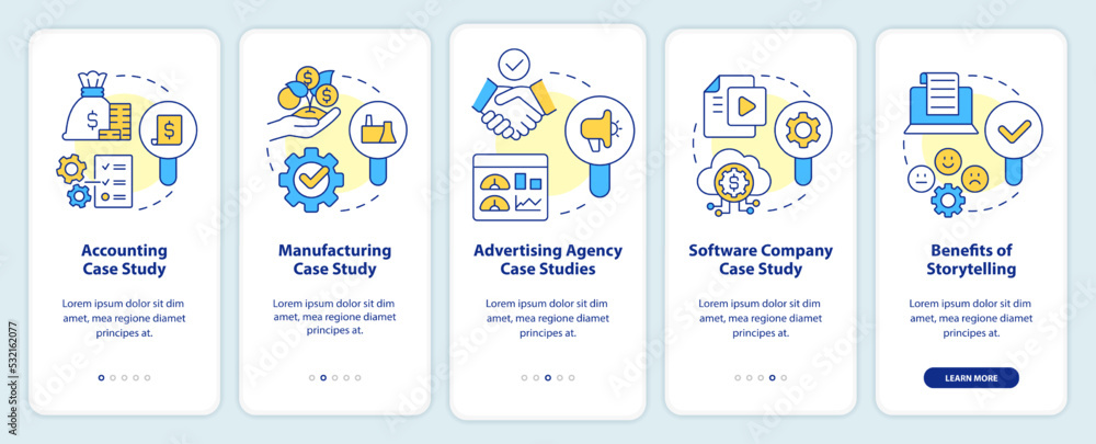 Case studies usage onboarding mobile app screen. Analytics walkthrough 5 steps editable graphic instructions with linear concepts. UI, UX, GUI template. Myriad Pro-Bold, Regular fonts used