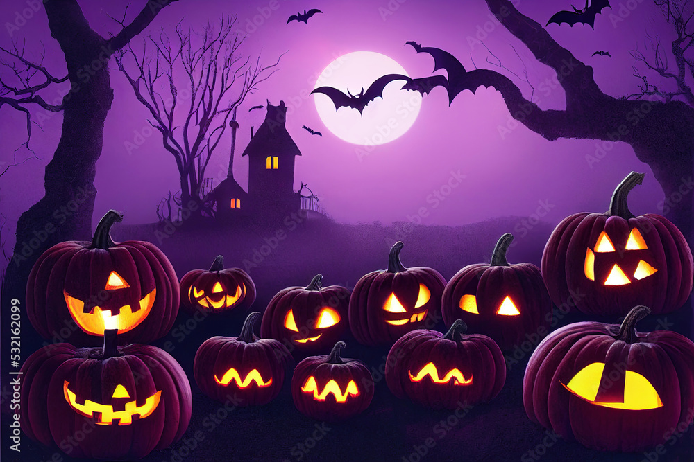 halloween background with pumpkin, moody purple night with the moon and bats, 3d render, 3d illustration