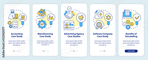 Case studies usage onboarding mobile app screen. Analytics walkthrough 5 steps editable graphic instructions with linear concepts. UI, UX, GUI template. Myriad Pro-Bold, Regular fonts used