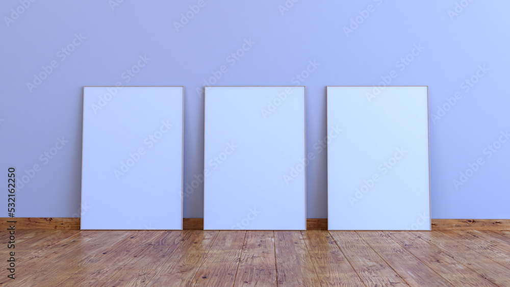 3 vertical frame mockup on a white gray wall with wooden floor 3d render ilustration 3 vertical frame mockup on a white gray wall with wooden floor 3d render ilustration