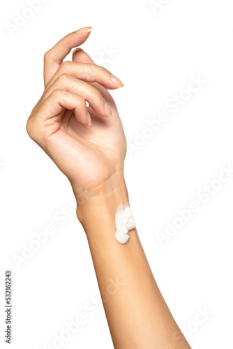 Close up cropped woman hand perfect skin hand cream isolated on white studio background. Skin care healthcare procedures concept