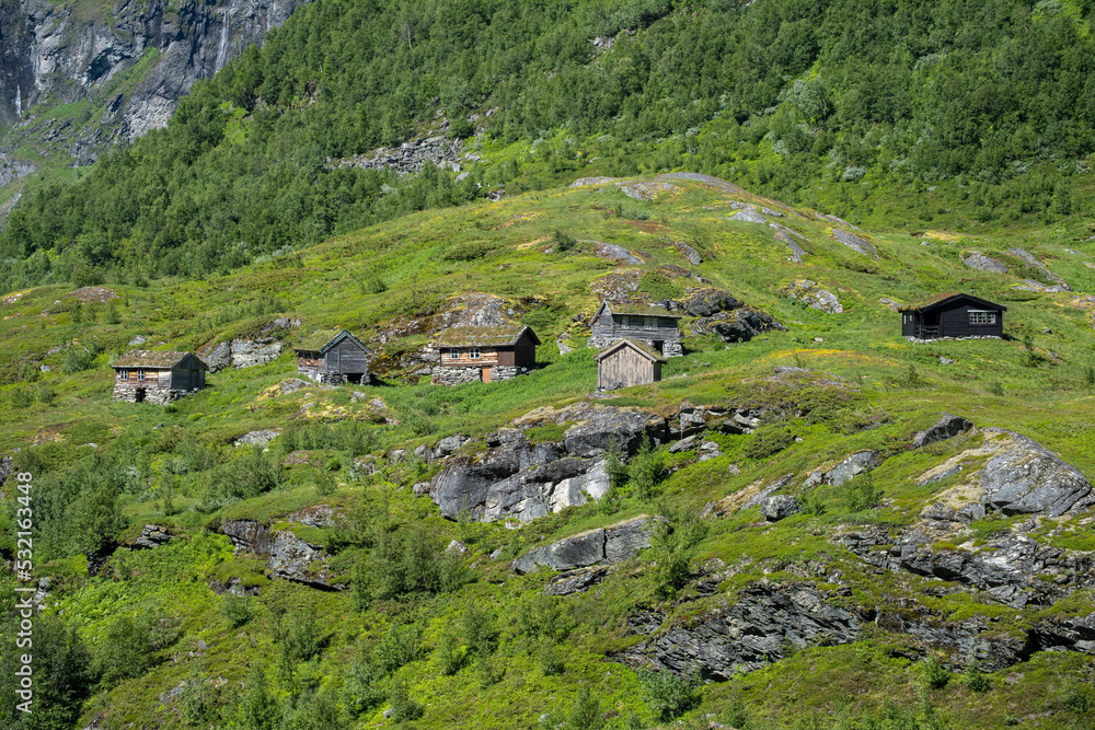 Obraz premium Wonderful landscapes in Norway. Vestland. Beautiful scenery of houses with grass roof. Norwegian traditional architecture. Mountains and trees in background. Cloudy day. Selective focus