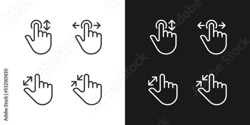 Scrolling and zooming gestures pixel perfect linear icons set for dark, light mode. Touchscreen. Device navigation. Thin line symbols for night, day theme. Isolated illustrations. Editable stroke