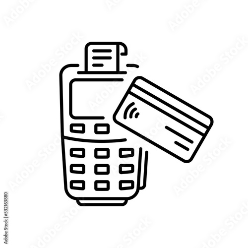 Pos with Credit Card Line Icon. Bank Terminal Machine for Cashless Payment Linear Pictogram. Banking Finance Electronic Money Transaction Outline Icon. Editable Stroke. Isolated Vector Illustration