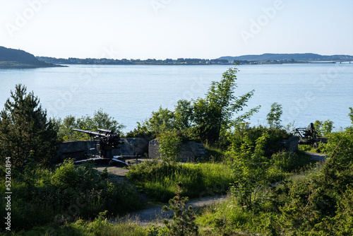 Alesund, Norway - June 30, 2022: Tueneset costal Fort was built by the Germans during Second World War with batteries and bunker facilities. Selective focus